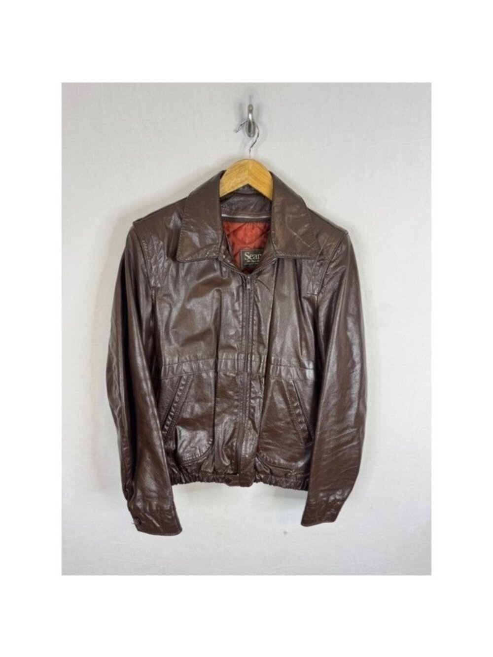 Vintage Sears Men 42 70s Brown Leather Bomber Jacket Quilted Lining CA00222